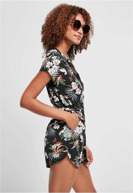 Urban Classics Ladies Short Viscose Belt Jumpsuit black tropical - Image 4