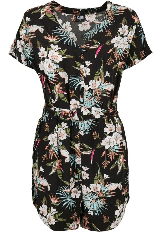 Urban Classics Ladies Short Viscose Belt Jumpsuit black tropical - Image 5